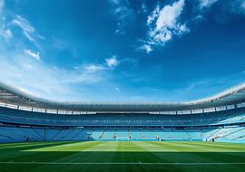 Stadionansicht mit leerer Tribüne und blauem Himmel.