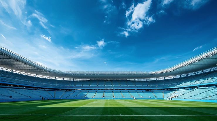 Stadionansicht mit leerer Tribüne und blauem Himmel.