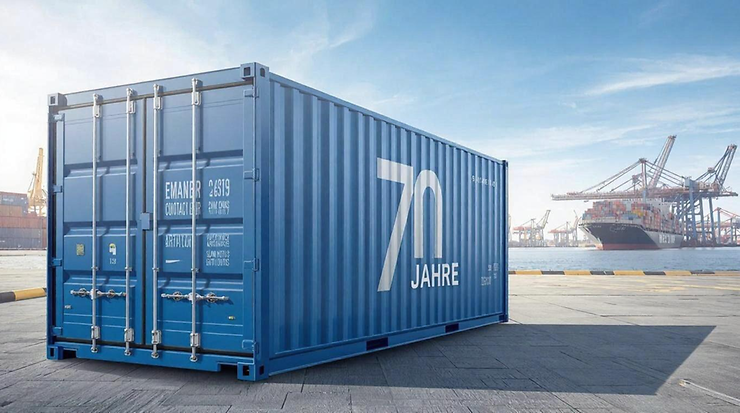 Blauer ISO-Container mit Aufschrift "70 Jahre" im Hafen