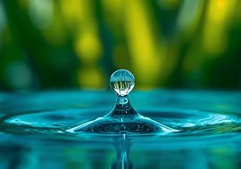 Wassertropfen fällt auf eine Wasseroberfläche, Natur im Hintergrund.