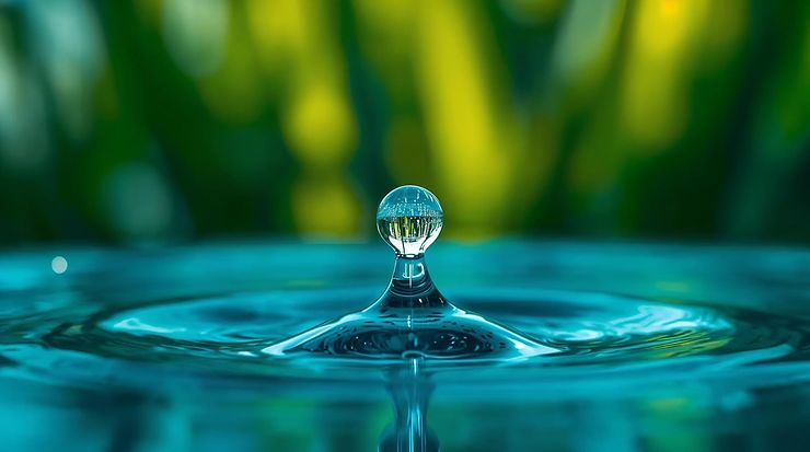 Wassertropfen fällt auf eine Wasseroberfläche, Natur im Hintergrund.