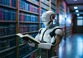 Humanoider Roboter liest ein Buch in einer Bibliothek.