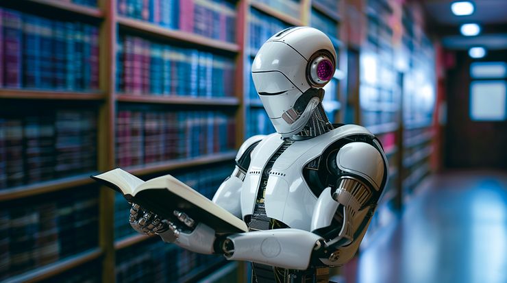 Humanoider Roboter liest ein Buch in einer Bibliothek.