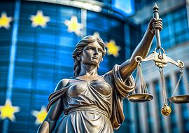 Justicia vor einer europäischen Flagge