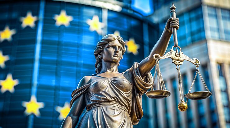 Justicia vor einer europäischen Flagge