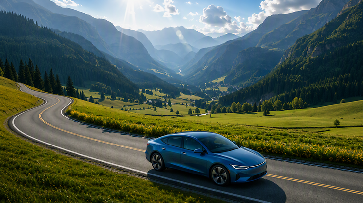 Ein modernes Elektroauto fährt auf einer Landstraße durch ein Tal, im Hintergrund Berge.