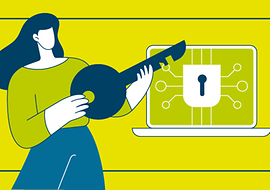 Illustration einer Frau, die einen Schlüssel in ein digitales Schloss in einen Laptop steckt
