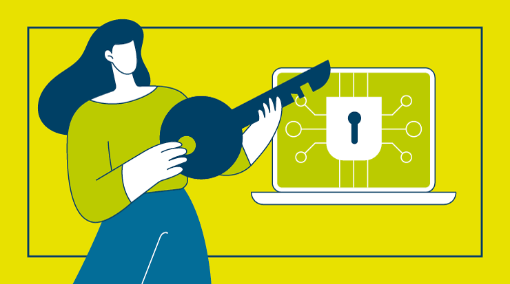 Illustration einer Frau, die einen Schlüssel in ein digitales Schloss in einen Laptop steckt