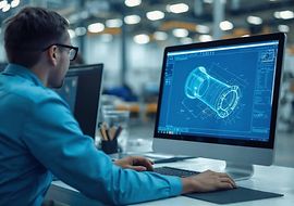 Person arbeitet an CAD-Software am Bildschirm, zeigt technische Zeichnung eines Bauteils, Industrieumgebung.