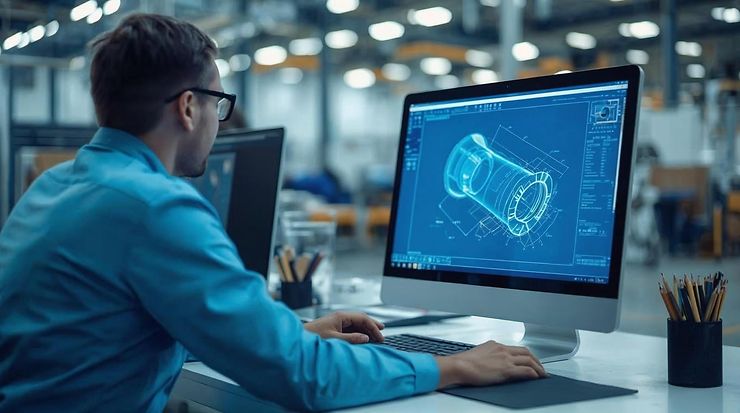 Person arbeitet an CAD-Software am Bildschirm, zeigt technische Zeichnung eines Bauteils, Industrieumgebung.