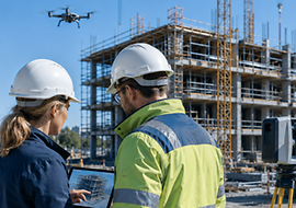 Zwei Bauexperten stehen vor einer Baustelle und nutzen digitale Lösungen