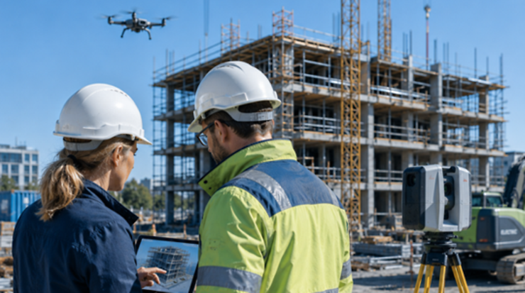 Zwei Bauexperten stehen vor einer Baustelle und nutzen digitale Lösungen