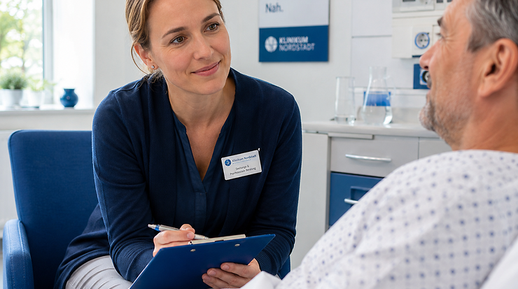 Eine Seelsorgerin unterhält sich in einem Krankenhaus mit einem Patienten
