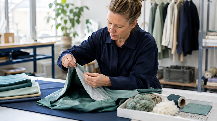 Eine Frau prüft sorgfältig ein Stoffstück in einem Atelier, umgeben von Textilien und Materialien.
