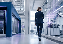 Frau im Anzug geht durch eine moderne Produktionsumgebung mit Serverracks und Roboterarm hinter Glas.