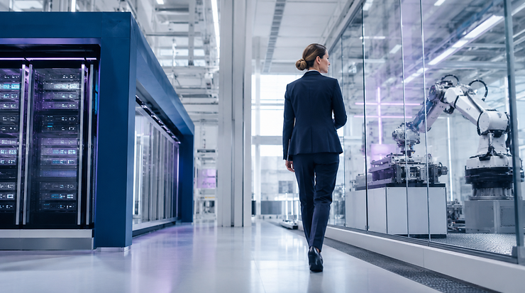 Frau im Anzug geht durch eine moderne Produktionsumgebung mit Serverracks und Roboterarm hinter Glas.