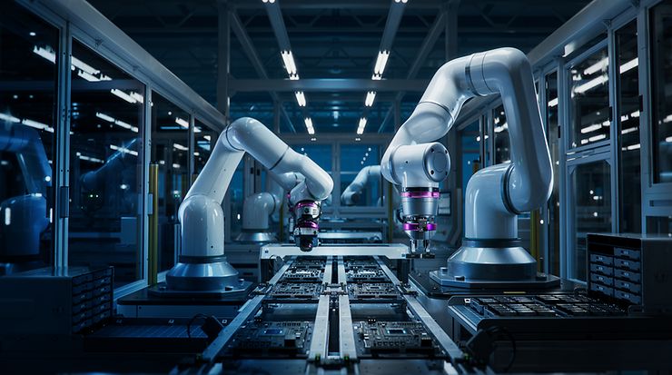 Zwei große, weiße industrielle Roboterarme in einer modernen, automatisierten Fertigungseinrichtung. 