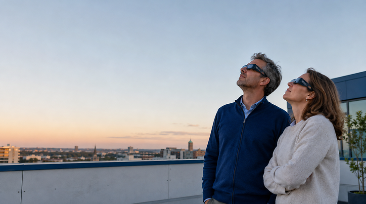 Zwei Personen mit Spezialbrillen blicken am Abendhimmel von einer Dachterrasse.