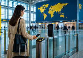 Reisende nutzt ihr Smartphone zur digitalen Identitätsprüfung an einer automatisierten Zugangsschleuse im Flughafen.
