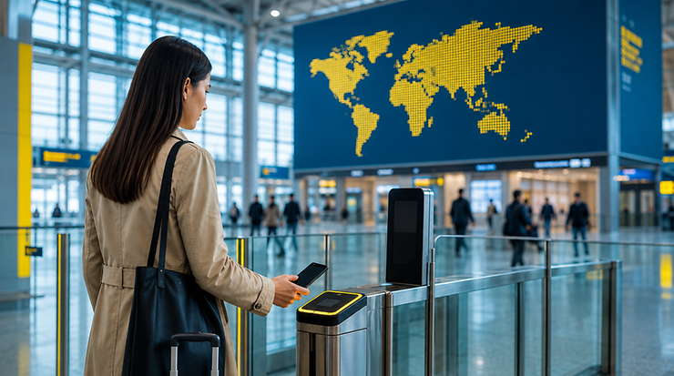 Reisende nutzt ihr Smartphone zur digitalen Identitätsprüfung an einer automatisierten Zugangsschleuse im Flughafen.