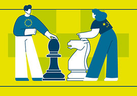 Illustration zweier Personen, die lebensecht große Schachfiguren bewegen
