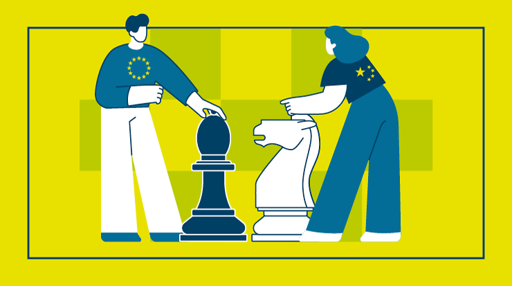 Illustration zweier Personen, die lebensecht große Schachfiguren bewegen