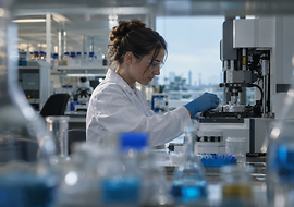 Forscherin arbeitet im Labor an Proben und Analysegeräten
