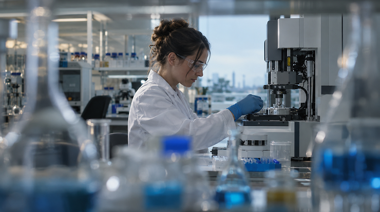 Forscherin arbeitet im Labor an Proben und Analysegeräten