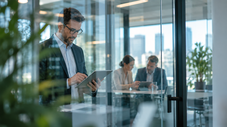 Mann mit Tablet im modernen Büro, zwei Kolleg*innen arbeiten im Hintergrund am Tisch.