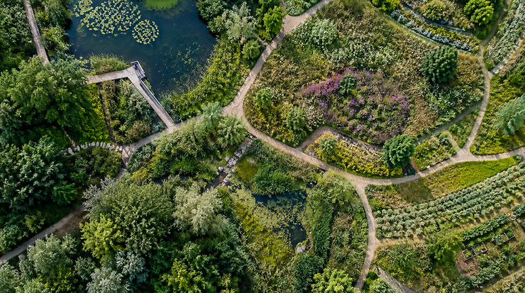 Vogelperspektive auf eine vielfältig bepflanzte Naturfläche mit Wegen, Teichen und unterschiedlichen Vegetationsstrukturen.