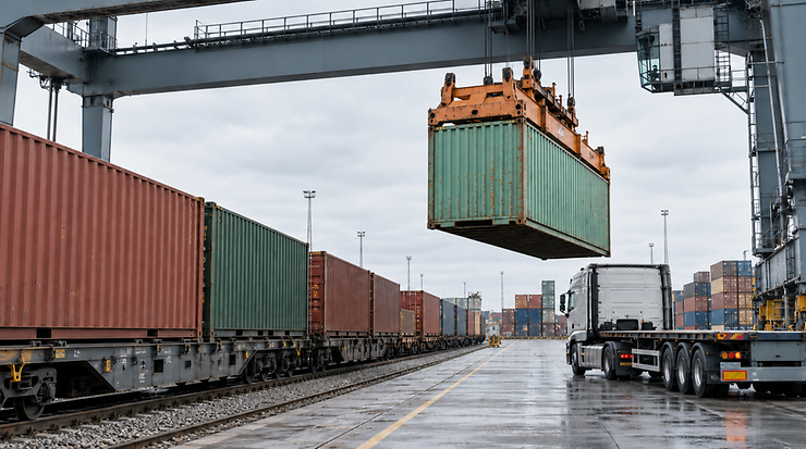 Ein Kran hebt einen Container zwischen Güterzug und Lkw in einem Umschlagterminal