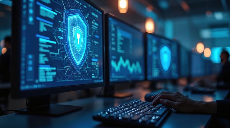 Monitore mit digitalem Schutzschild als Symbol für IT-Sicherheit.