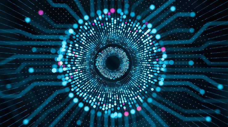 Digitales Auge aus leuchtenden Datenpunkten.