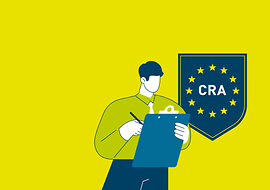 Illustration einer Person mit Clipboard und Stift in der Hand, dahinter Wappen mit der Aufschrift "CRA"