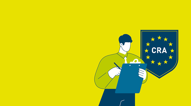 Illustration einer Person mit Clipboard und Stift in der Hand, dahinter Wappen mit der Aufschrift "CRA"