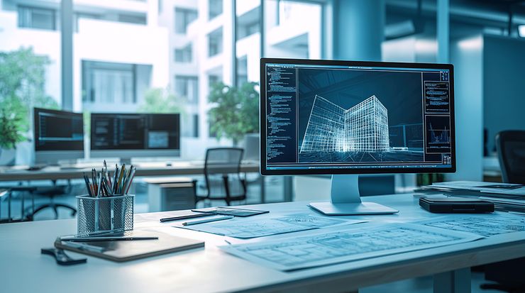 Monitor mit digitalem 3D-Gebäudemodell auf einem Schreibtisch mit Bauplänen.