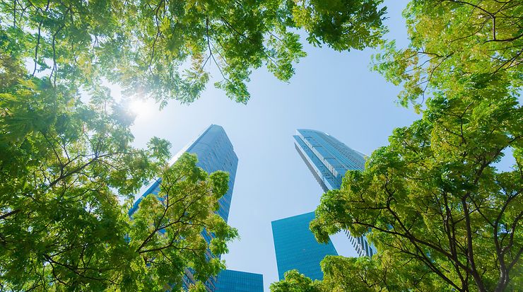 Lichter einer vorbeifahrenden Straßenbahn vor einer Skyline bei Dämmerung.