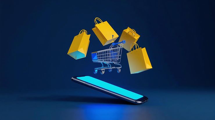 Schwebender Einkaufswagen und Einkaufstaschen über einem Smartphone als Symbolbild für E-Commerce.